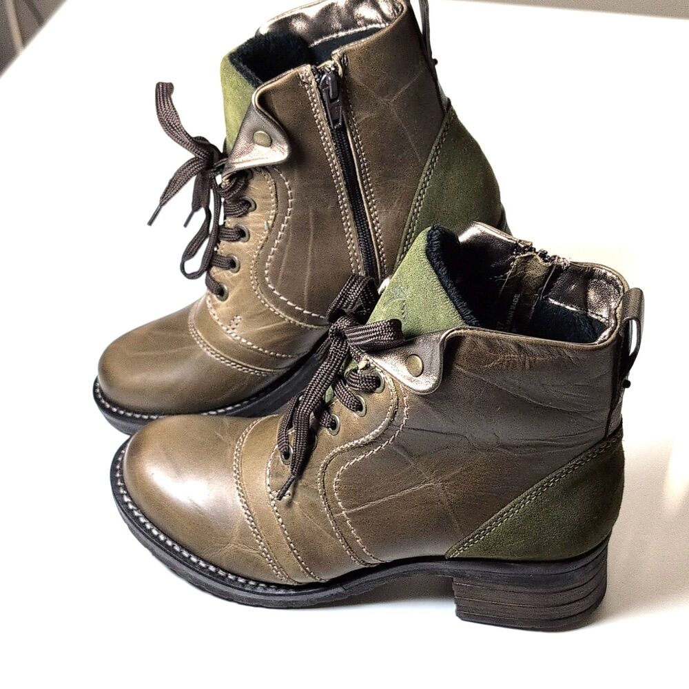 Women's Dromedaris Brown/Green Leather Lace Up Lined Ankle Bootie EU 37